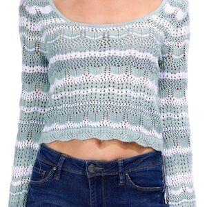 Hollister Long-Sleeve Square-Neck Crochet Style Sweater Sage Green Size XL